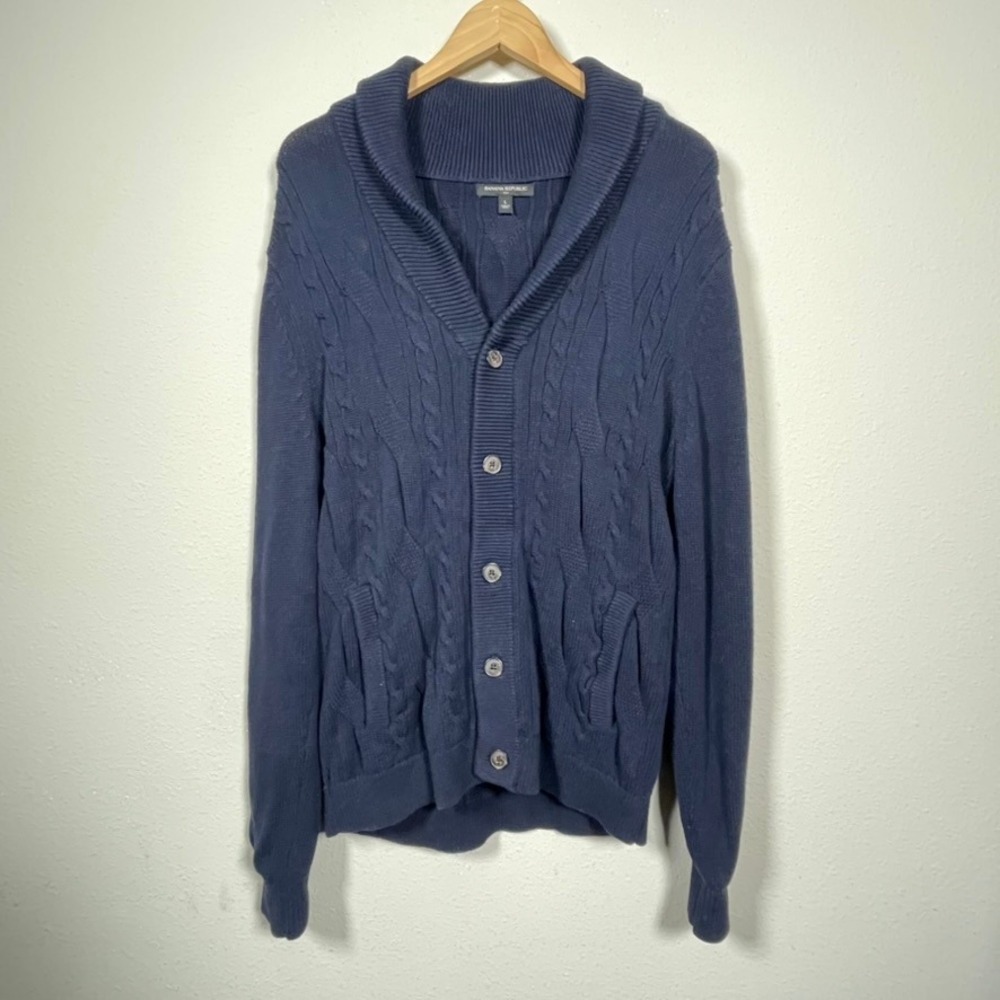 Banana Republic Cardigan Men L Navy Blue Cotton Cable Knit Shawl Collar Academia